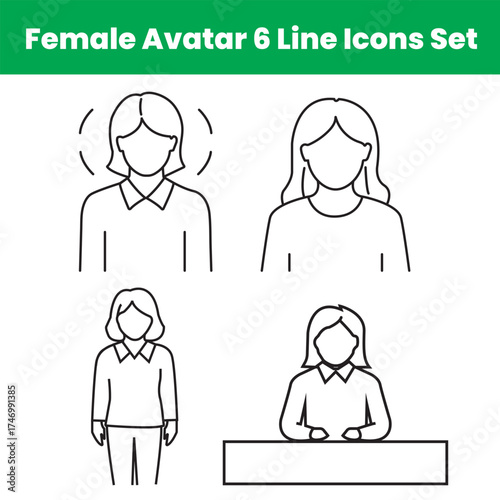 Simple Female Avatar Line Icons Set  Woman Profile, Office Employee, Vector Illustration
