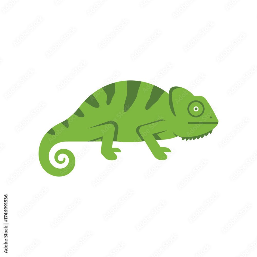 Obraz premium Cute cartoon green chameleon with striped tail and swirly tail isolated on a white background playful reptile illustration