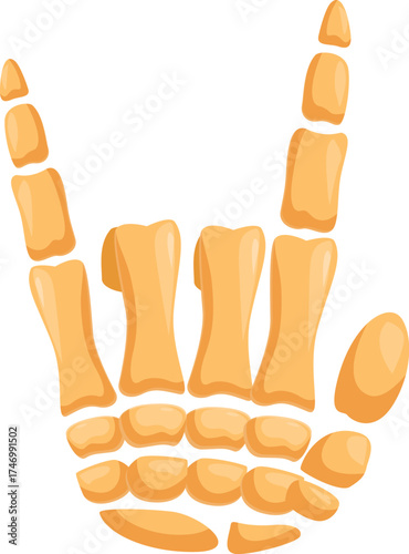 Cartoon skeleton hand making rock and roll gesture, isolated on white background