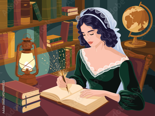 Woman writing with quill pen in library with lantern and globe