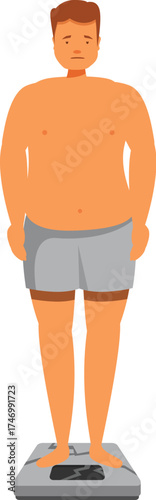 Sad overweight man breaking bathroom scale while weighing himself, concept of obesity and weight problems