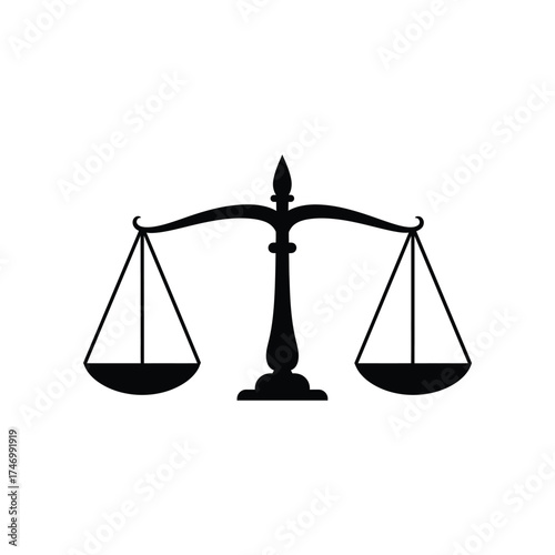 Symbolic illustration of black silhouette of antique justice scales or balance scales representing law fairness and legal decisions