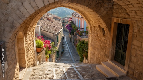 Fototapeta Naklejka Na Ścianę i Meble -  Charming European Old Town Alleyway with Colorful Flowers and Cobblestone Path