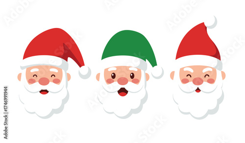 Three cheerful santa claus faces with red and green hats expressing joy and excitement for holiday season celebrations and festivities isolated on white background