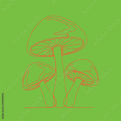 Minimalist line drawing of three mushrooms with detailed gills and stems on a vibrant green