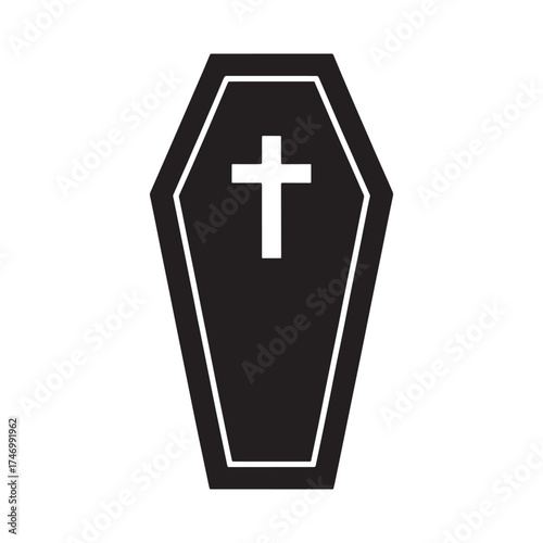 Black coffin with white cross symbol isolated on white background vector illustration