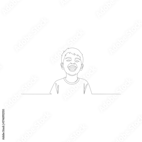 Joyful young boy with wide smile and tousled hair captured in a simple line drawing sketch