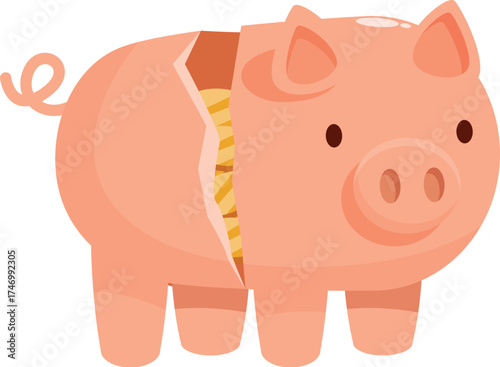 Broken piggy bank showing golden coins inside, representing savings loss, financial crisis, and economic instability