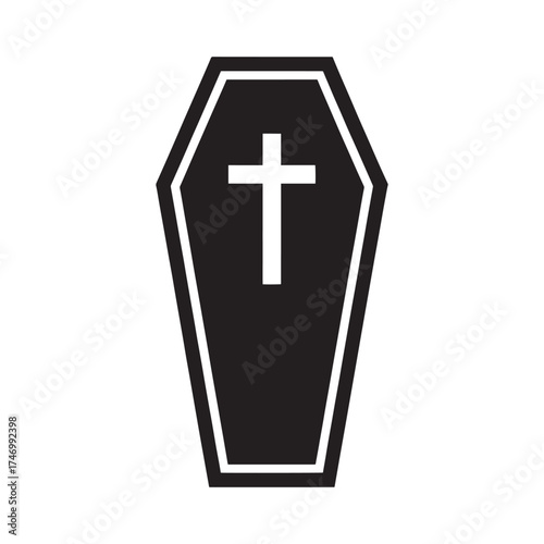 Simple black coffin icon with white cross symbol for funeral and death concepts