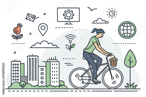 Woman cycling through a stylized city with eco-friendly elements