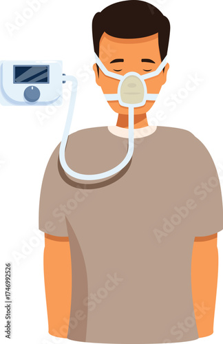 Patient wearing a cpap mask connected to a machine, receiving sleep apnea treatment for improved breathing and sleep quality
