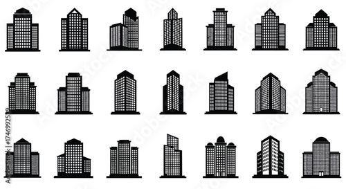 A collection of modern black silhouette skyscrapers against a white backdrop