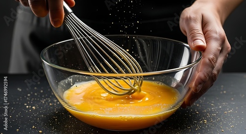 Close-up of a person whisking eggs in a glass bowl with a wire whisk, creating a frothy mixture for cooking or baking