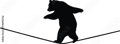 Silhouette of bear walking on tightrope, whimsical animal balance illustration, symbolic strength and challenge concept, creative circus performance wildlife artwork design