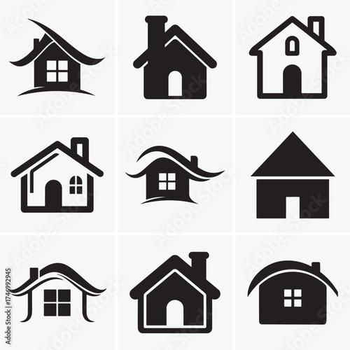 Various minimalistic home icons showcase simple architecture and diverse roof styles over a light background
