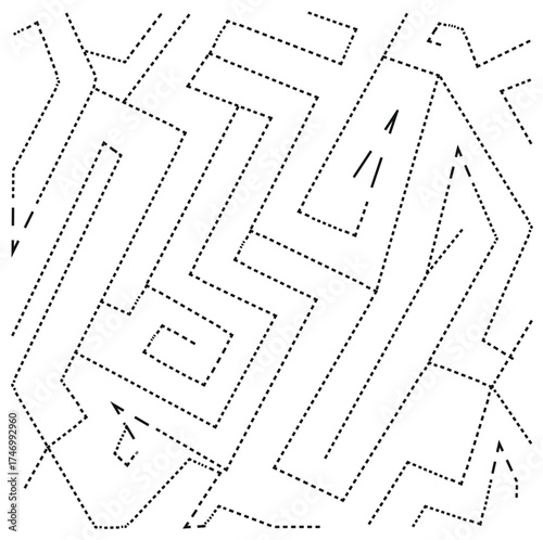 Vector art of an abstract dotted line maze pattern with arrows indicating direction for robotics 
