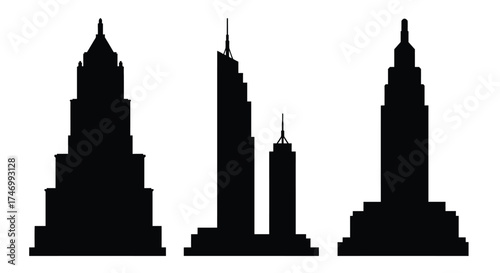 Black silhouette of modern skyscrapers against a plain white background