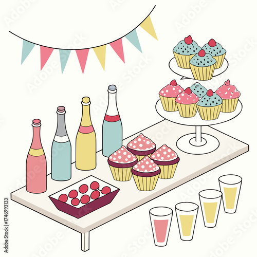 Vector art of party table with cupcakes and drinks illustration