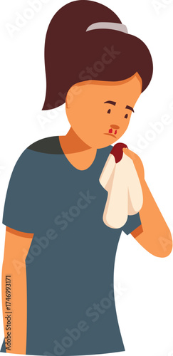 Young woman suffering from nosebleed holding tissue on her nose, healthcare and medical concept