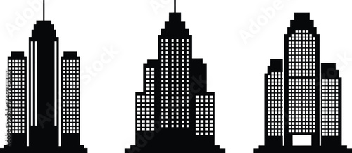 Simple black and white illustration of three modern skyscrapers in a row