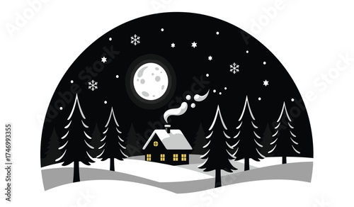 Enchanting winter night scene with snowy landscape moonlit sky and cozy cabin silhouette for festive holiday designs isolated on white background