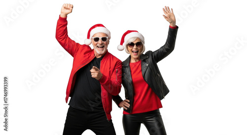 Joyful seniors celebrating holidays wearing santa hats and sunglasses dancing with arms raised