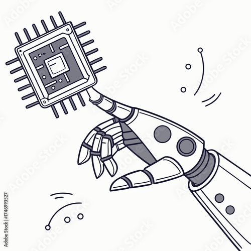 Vector art of robot hand touching a modern computer processor