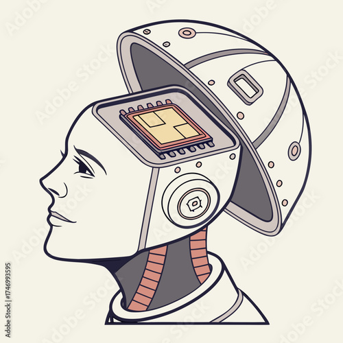 Vector art of robot head with open brain and microchip inside