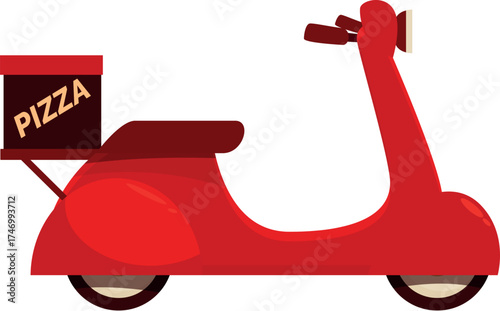 Red scooter delivering pizza using a thermal bag attached on the back