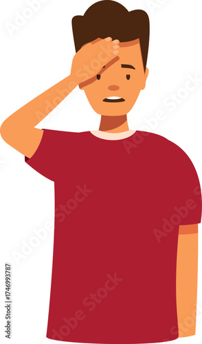 Frustrated man holding hand to head experiencing headache, expressing annoyance and fatigue
