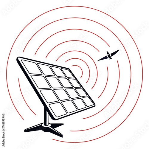 Vector art of solar panel with radar and airplane