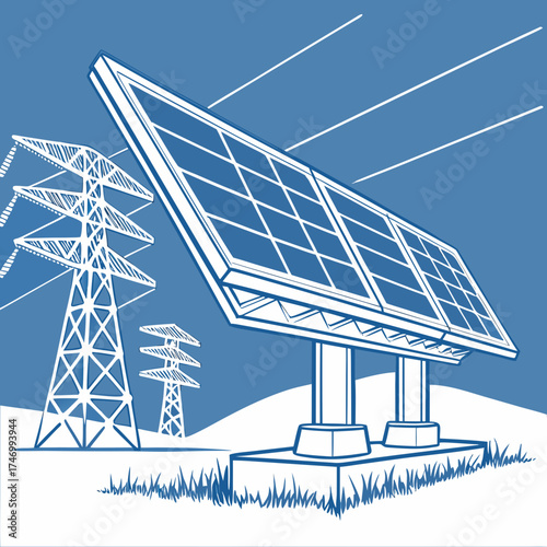 Vector art of solar panel with power line, line art style