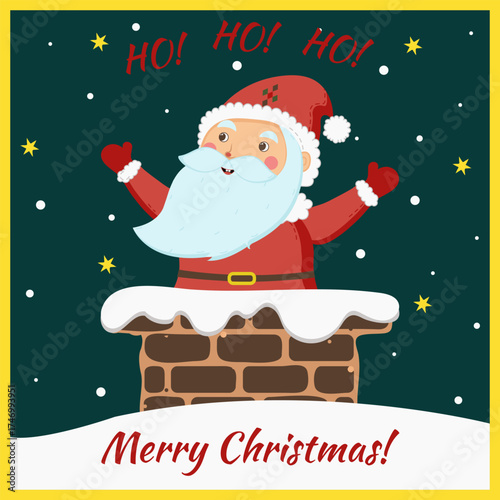 Santa Claus popping out of the chimney, greeting card, cartoon, hand-drawn, Merry Christmas, Christmas, New Year, winter, snow
