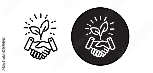 Leaf with handshake icon. Eco-friendly partnership symbol. handshake inside a leaf shape. environmental organization, CSR initiatives, green business branding, NGO material or sustainability themed