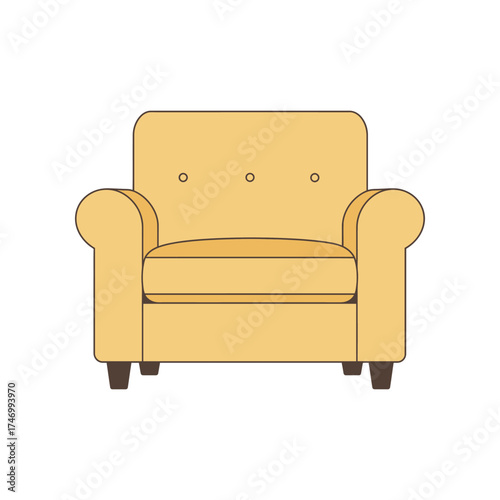 Cozy upholstered armchair in a bright yellow color with button tufting on the back and a comfortable seat cushion