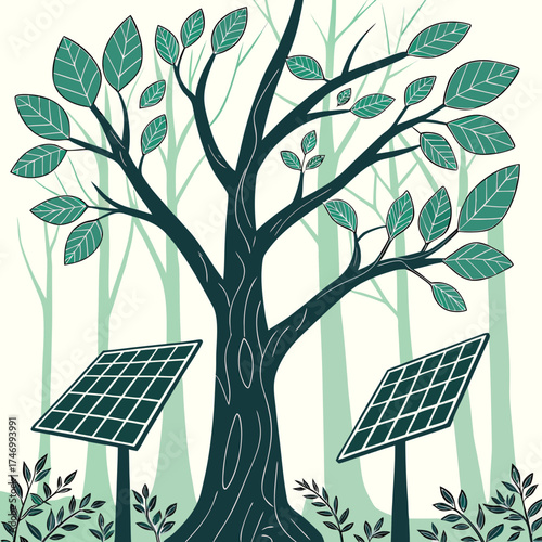 Vector art of solar panels and tree in forest for green energy