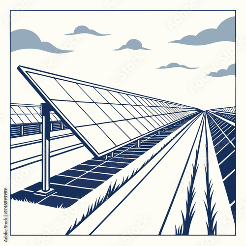 Vector art of solar panel farm stretches into the distance