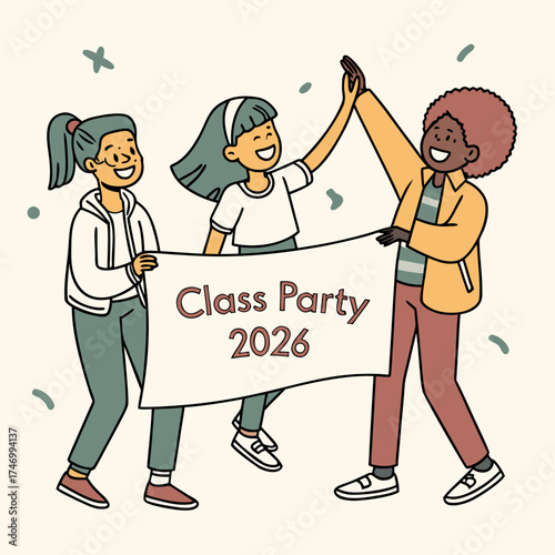 Vector art of students celebrate class party in 2026 with banner