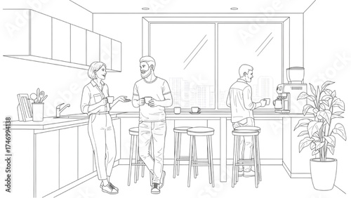 Line Art of Office Kitchen Area with Four Employees Having Coffee and Chatting, Casual Workplace Interaction, Clean Minimalist Strokes