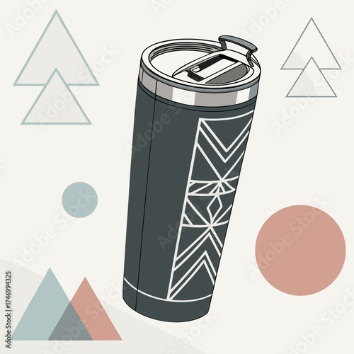 Vector art of tumbler illustration with geometric shapes around it