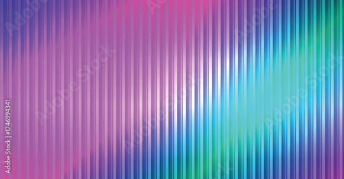 Trendy color horizontal background of ribbed glass effect. Gradient banner with holographic texture. Iridescent plastic with striped overlay. Vector illustration.