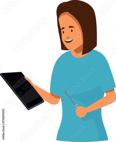 Female technician holding tablet and screwdriver smiling getting ready to repair electronics