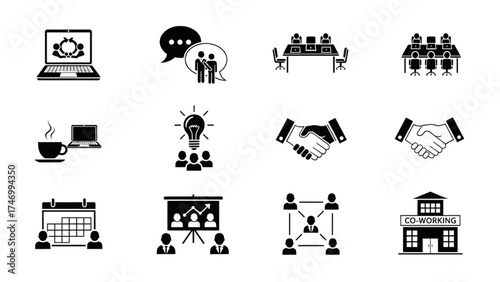 High-Quality Black Silhouette Icon Set of Co-Working, Modern Office and Collaboration Symbols