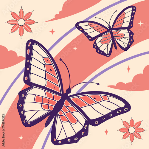 Vector art of two butterflies and flowers on a retro background