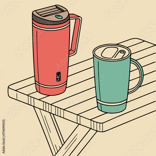Vector art of two modern electric mug on the wooden table