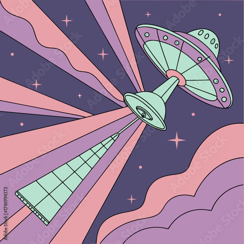 Vector art of ufo with light beam in the night sky
