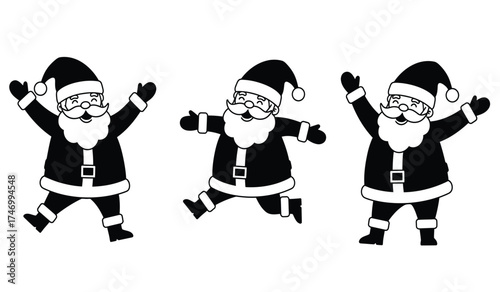 Three cheerful santa claus figures dancing and celebrating joyfully in festive holiday spirit isolated on white background