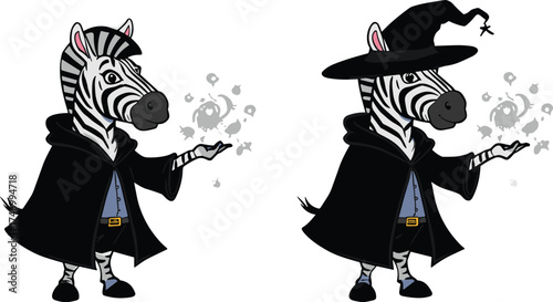 Two cartoon zebra wizards in black cloaks and hat casting magic, fantasy animal sorcerer illustration, whimsical mystical costume artwork design