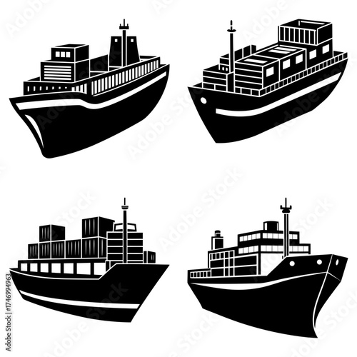 Illustration of four black cargo ships with containers and detailed structures on a white background view
