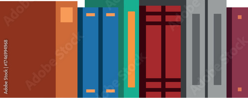 Row of colorful books standing on a simple bookshelf, representing knowledge, learning, and education